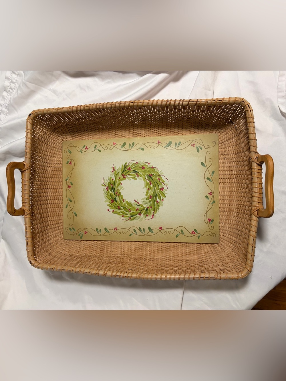 Vintage Wicker Rattan Serving Tray w Handles Hand Painted Floral Wreath 21”
